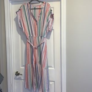 Multicolor Stripe V Neck Linen Blend Tie Waist